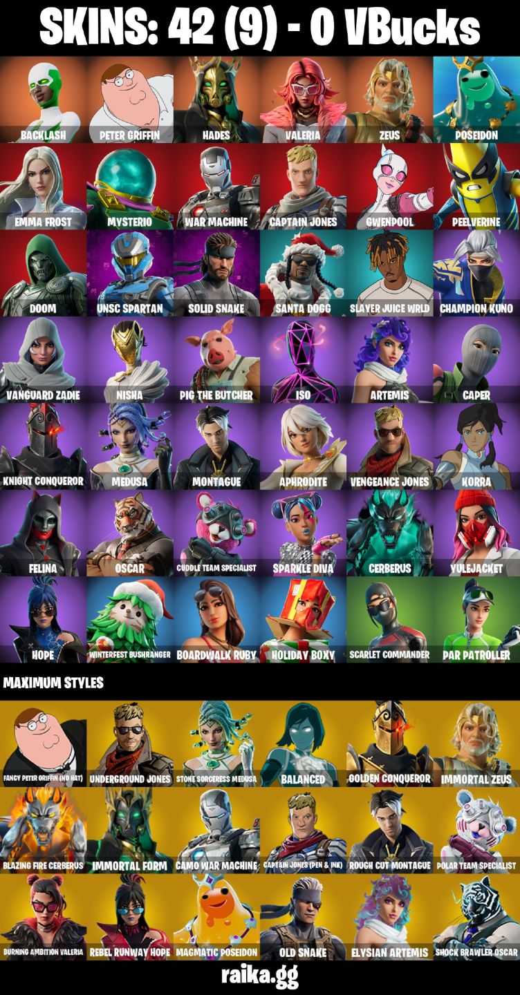 CONTA FORTNITE COM 42 SKINS ISO/SOLID SNAKE/MYSTERIO/GWENPOOL/POSEIDON/ZEUS/