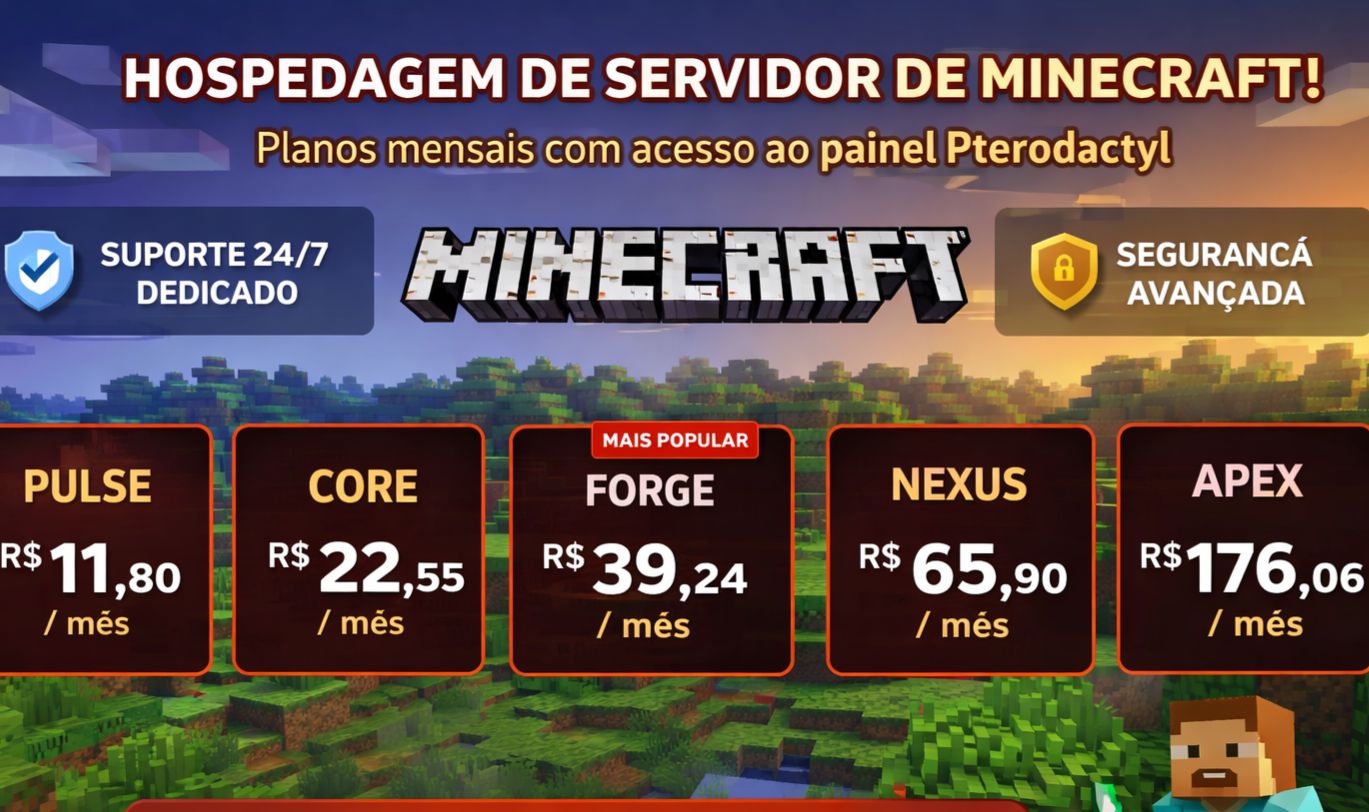 Hospedagem de Servidor Minecraft Gerencie Você Mesmo, Acesso de 30 dias!