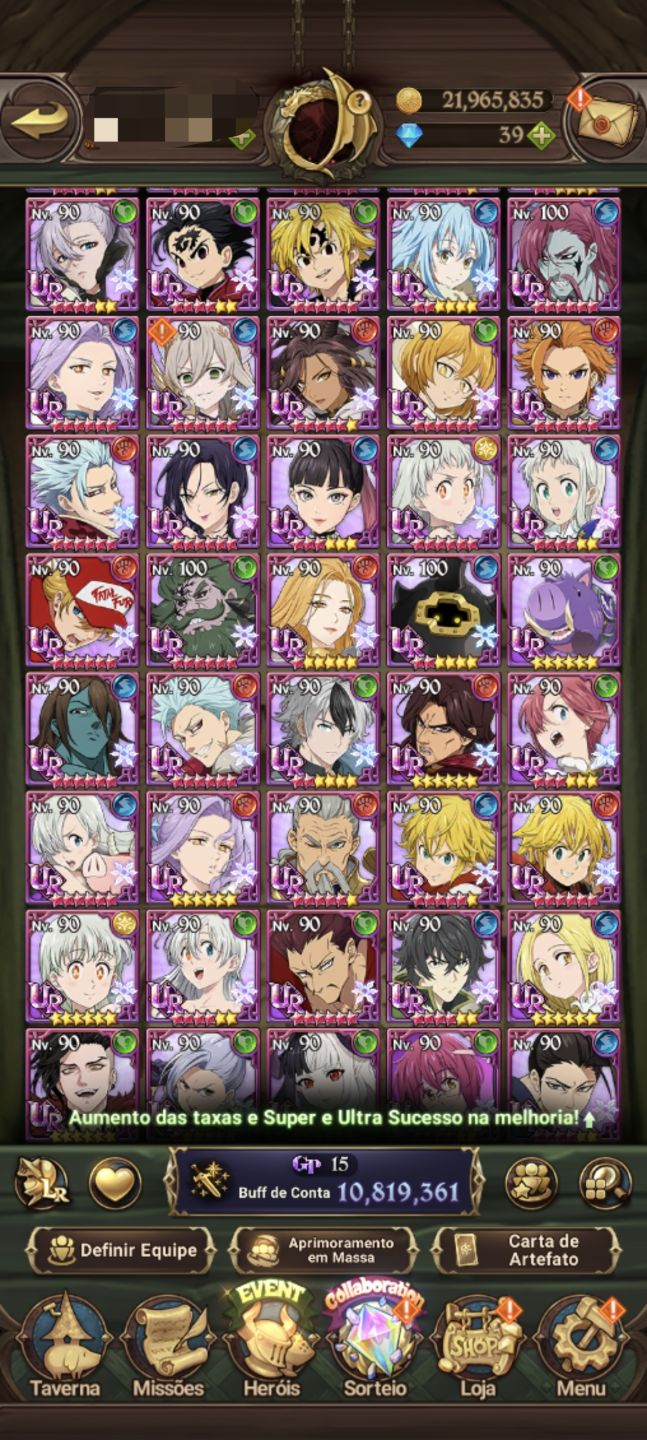 | Conta 7DS Grand Cross | Gawain, Collabs + IF's | Campeão V | 11.2M+ BOX |