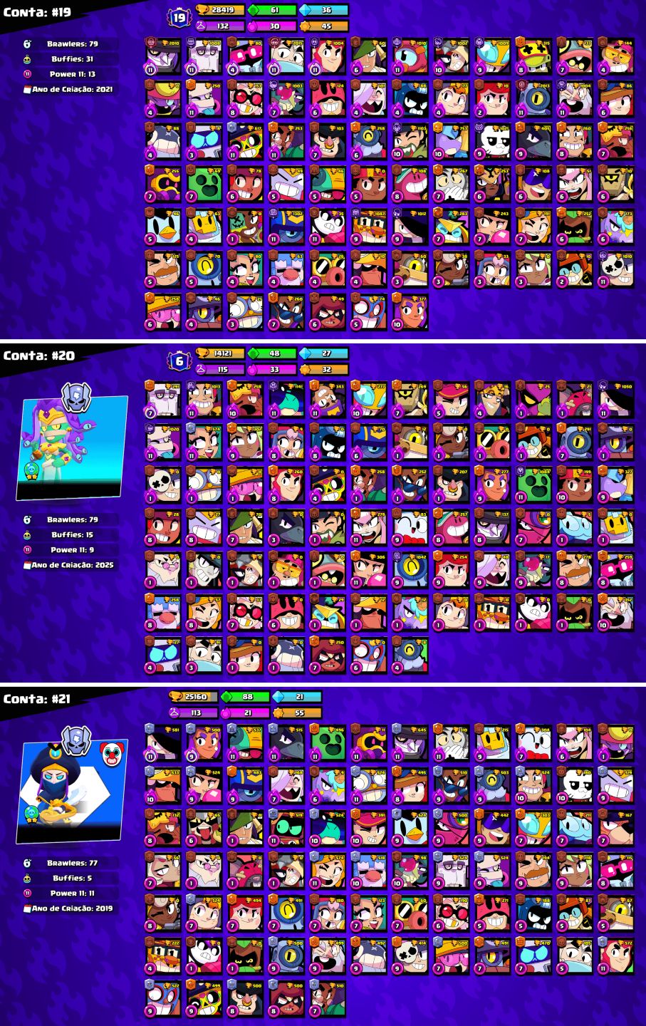CONTAS BRAWL STARS c/LENDÁRIOS e MUITOS TROFÉUS!!