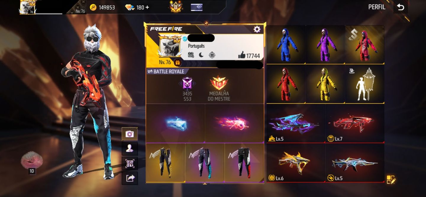 Conta free fire gemada com 5 angelicais, 5 evolutivas, 750+ peitorais, prime 8