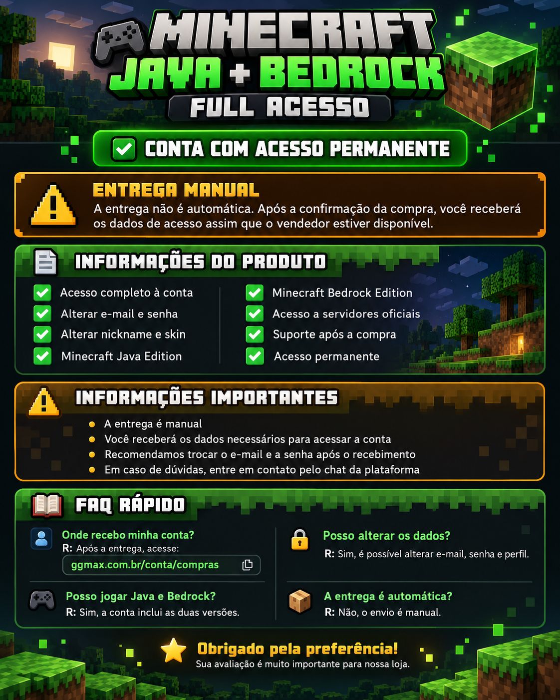 Minecraft Original Java + Bedrock | Full Acesso | Altere E-mail e Senha