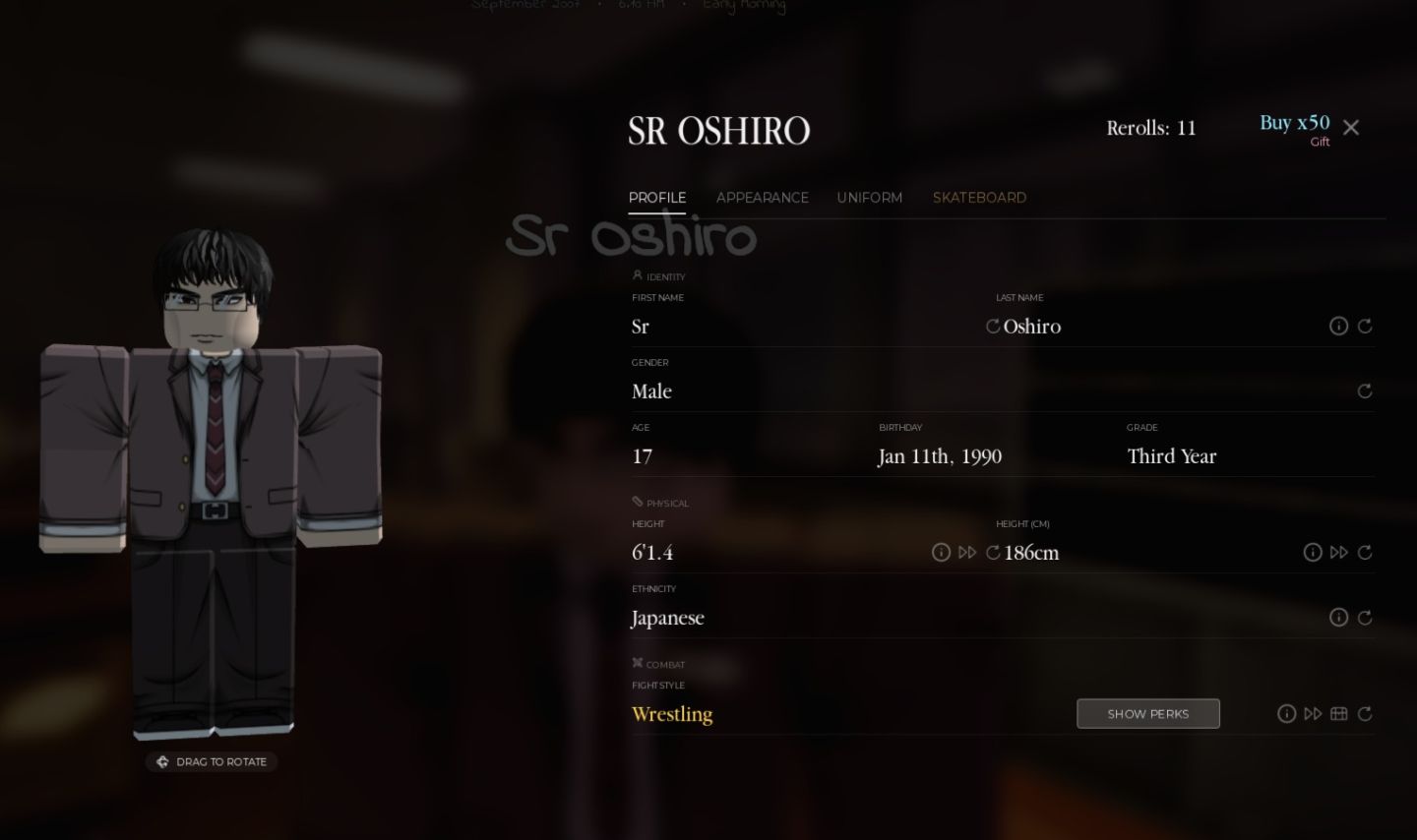 Conta gakuran com rosto mogger e luta lendaria 1,86cm