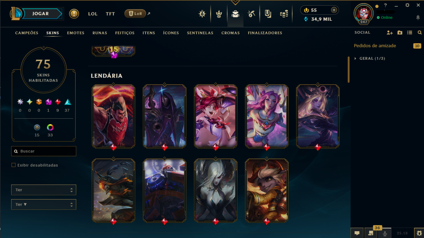 CONTA DE LOL E VALORANT COM 75 SKINS ESMERALDA (LOL) E PLATINA (VALORANT)