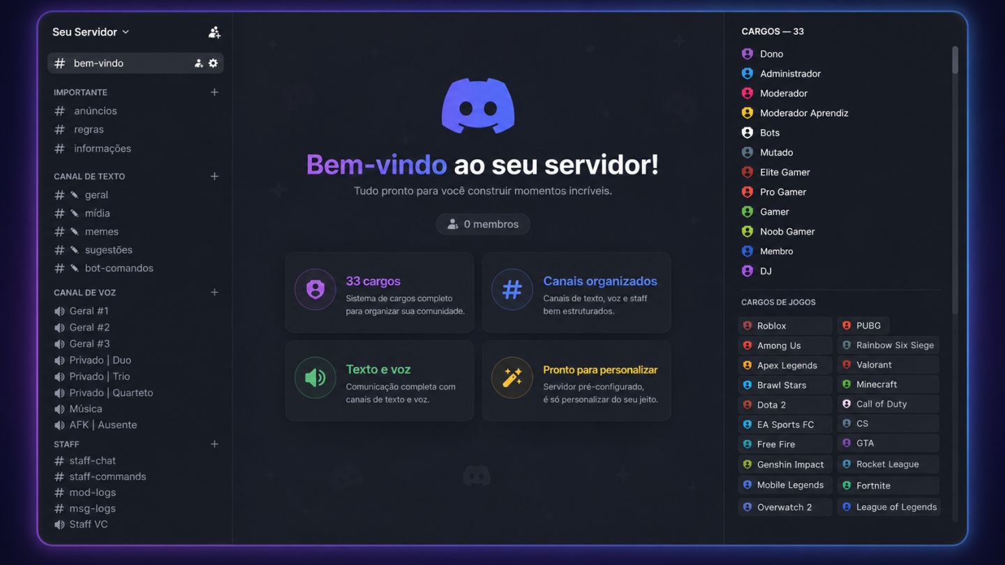 SERVIDOR DISCORD GAMER | CARGOS, SALAS DE TEXTO E VOZ | ENTREGA AUTOMÁTICA.