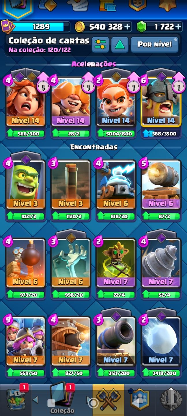 CLASH ROYALE Nível 14 120/122 Cartas Campeãs Lv.14/15 540k Ouro