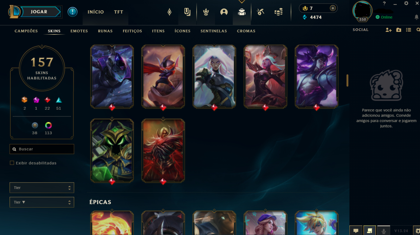 (Premium) CONTA UNRANKED LOL 2015 MMR DIAMOND 159 SKINS 116 CROMAS FA