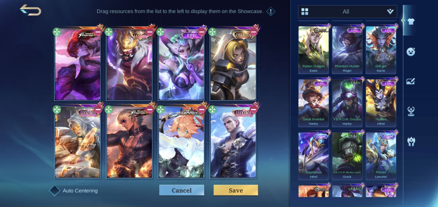 Conta MLBB 285 skins, épicas, aspirants, legend, Kof, Colab. etc
