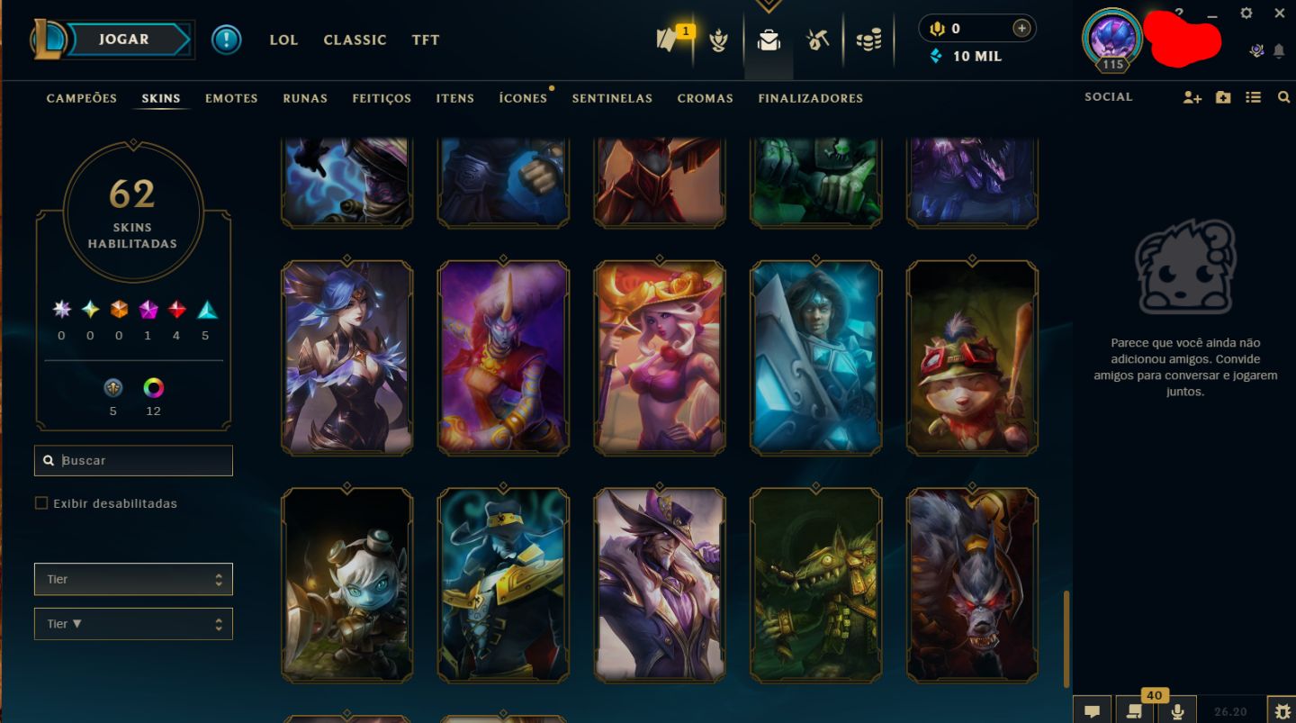 Conta Unranked, full acesso, 76 campeões, 20 skins, 4 lendárias, 3 vitoriosas