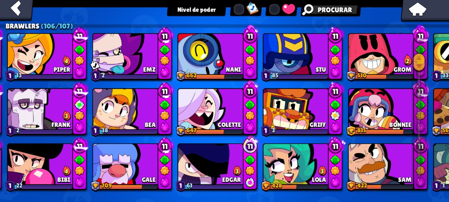 CONTA BRAWL STARS RARA DE 2019 68K TR 106/106 BRAWLERS 446 SKINS 60 HIPER