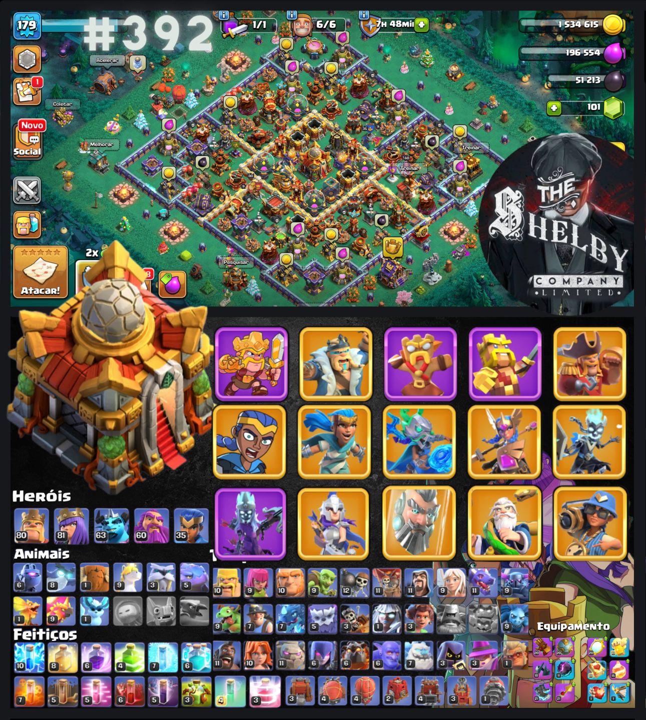 Contas de Clash of clans CV 13, 14, 15, 16, 17, 18 Com Várias Skins e Paisagens.