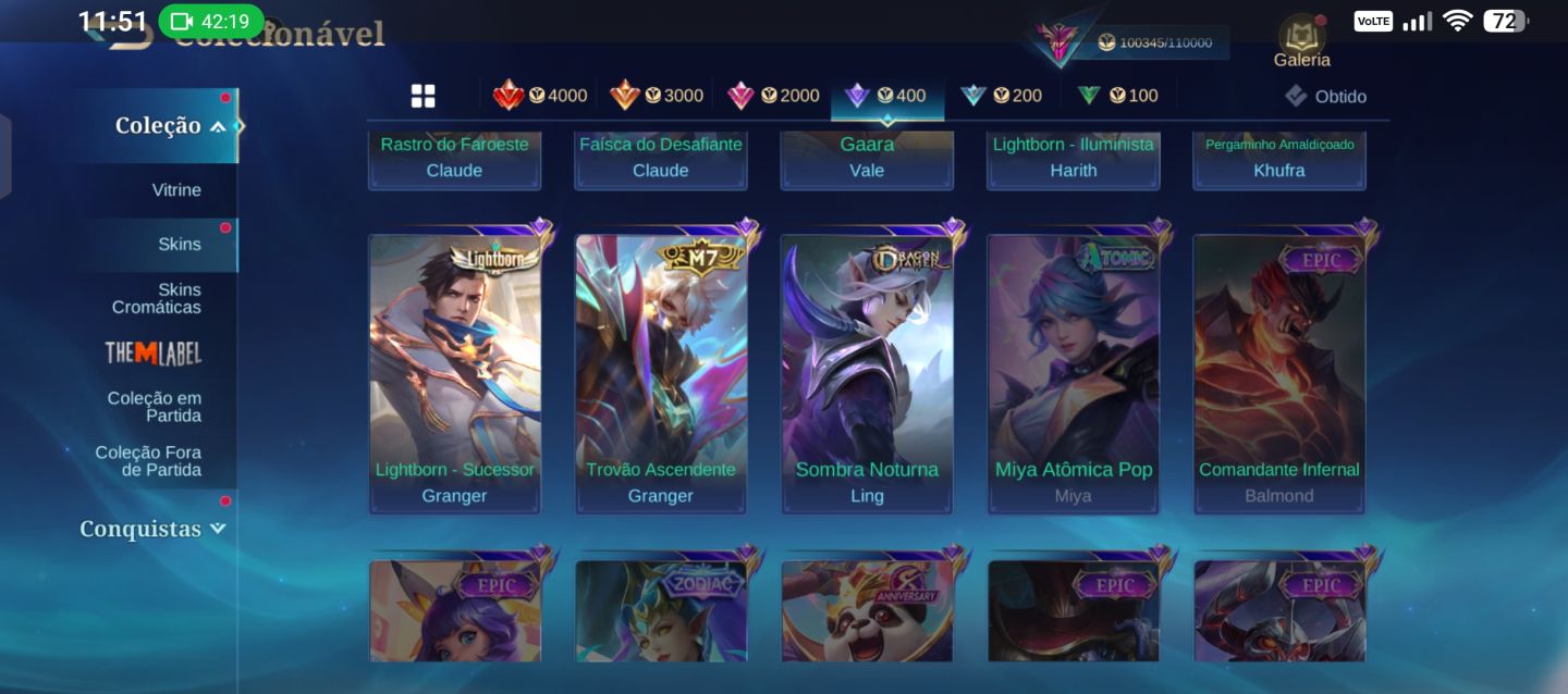 Conta Mlbb 279 skins, 5 skins kof 1 legend