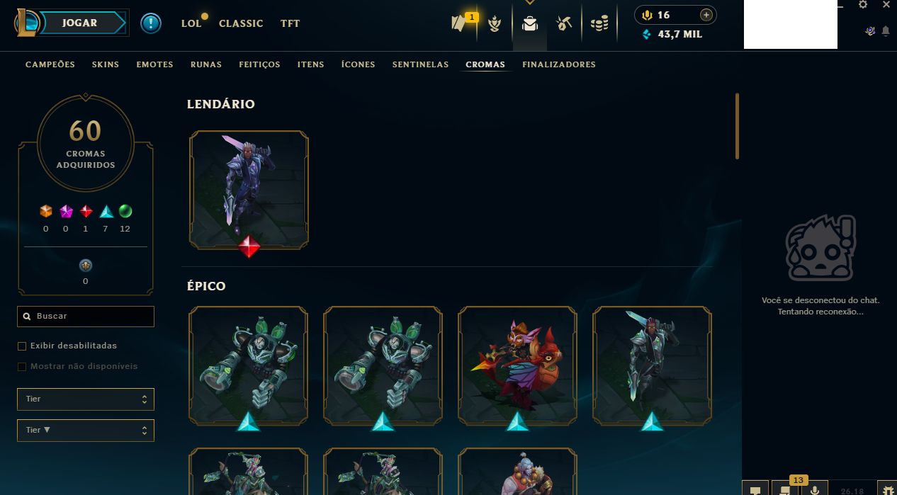 CONTA LOL + TFT + VALORANT (SKINS MITICAS/LENDÁRIAS/LIMITADAS)