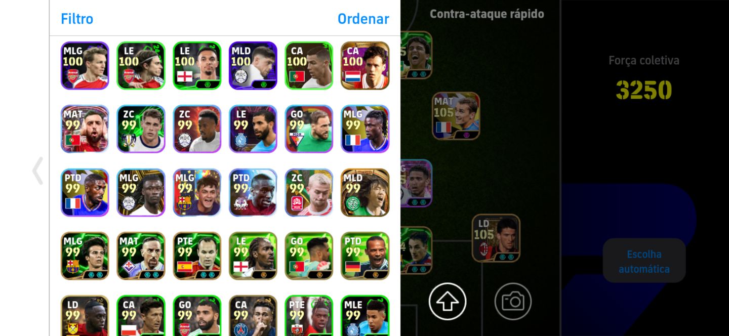 Conta top de efootball mobile com Shevchenko, Kaká e Bellingham.