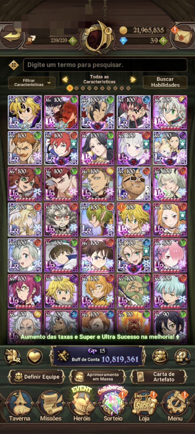 | Conta 7DS Grand Cross | Gawain, Collabs + IF's | Campeão V | 11.2M+ BOX |