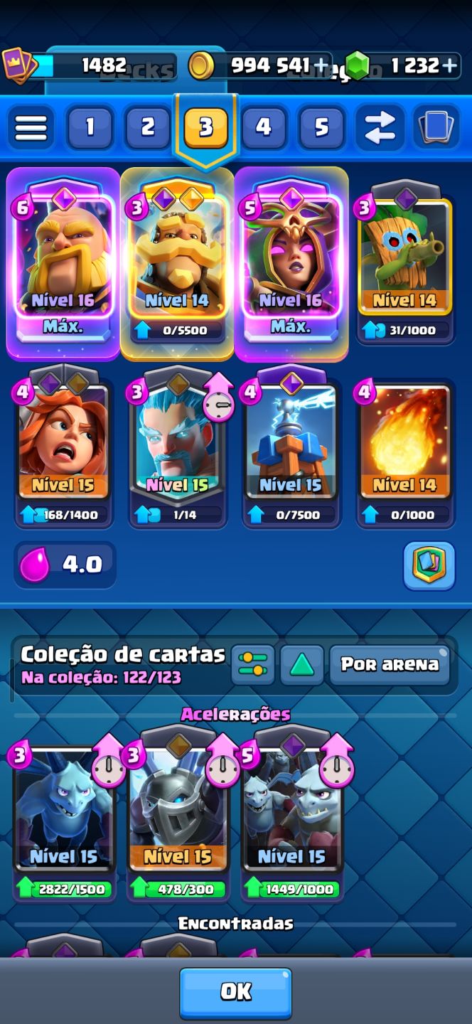 CONTA CLASH ROYALE 11K TROFÉUS! NÍVEL 1482, 122/123 CARTAS, 3 EVOS