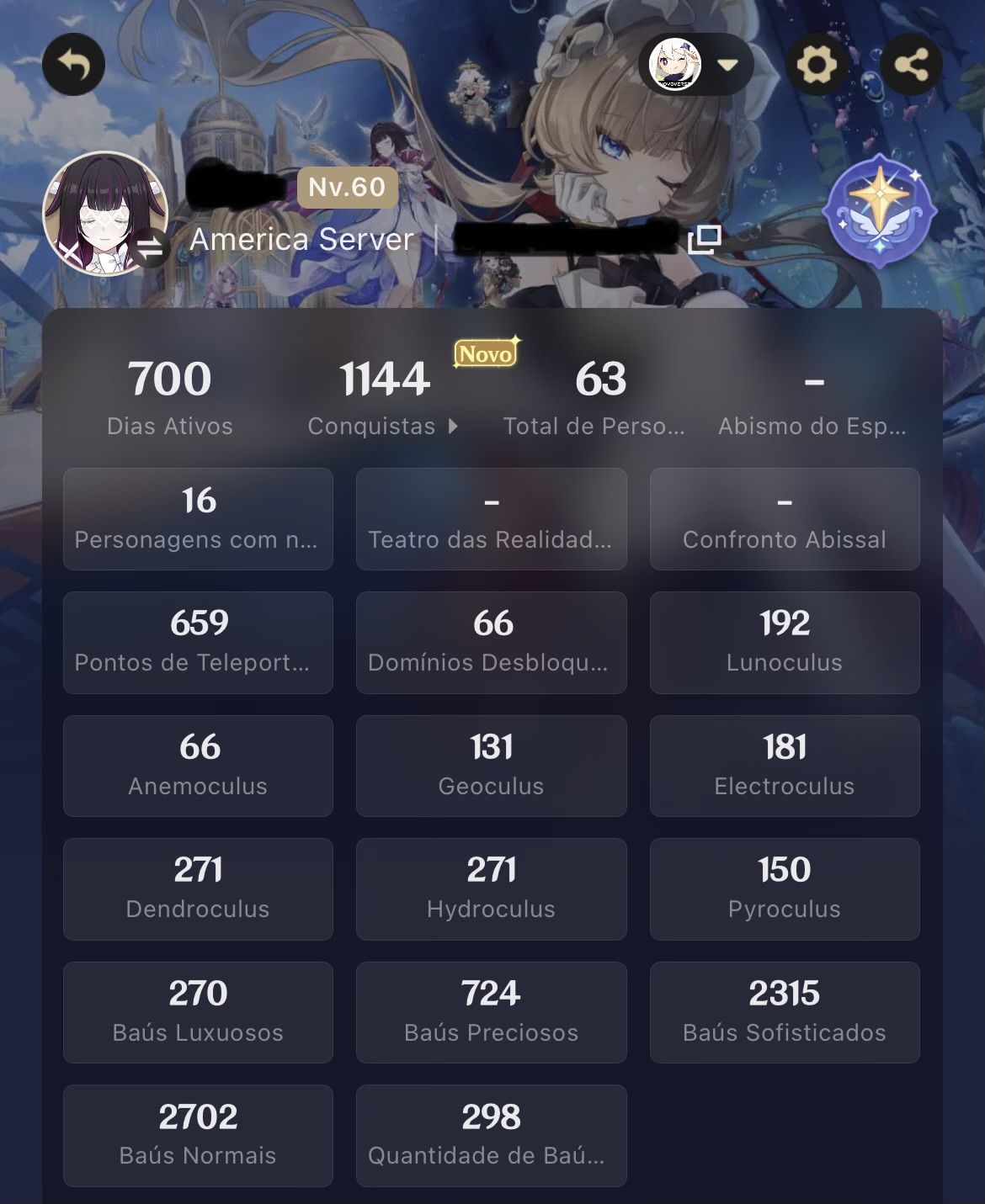 CONTA GENSHIN AR 60 | Raiden, Furina, Columbina, Nahida C1, Zhongli e Hutao C1.
