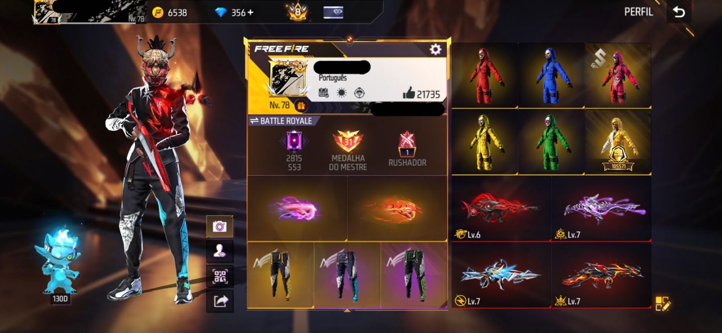 Conta Free Fire com Primeiro Passe, 900+ Peitorais Prime 8, Tropa de Exploração