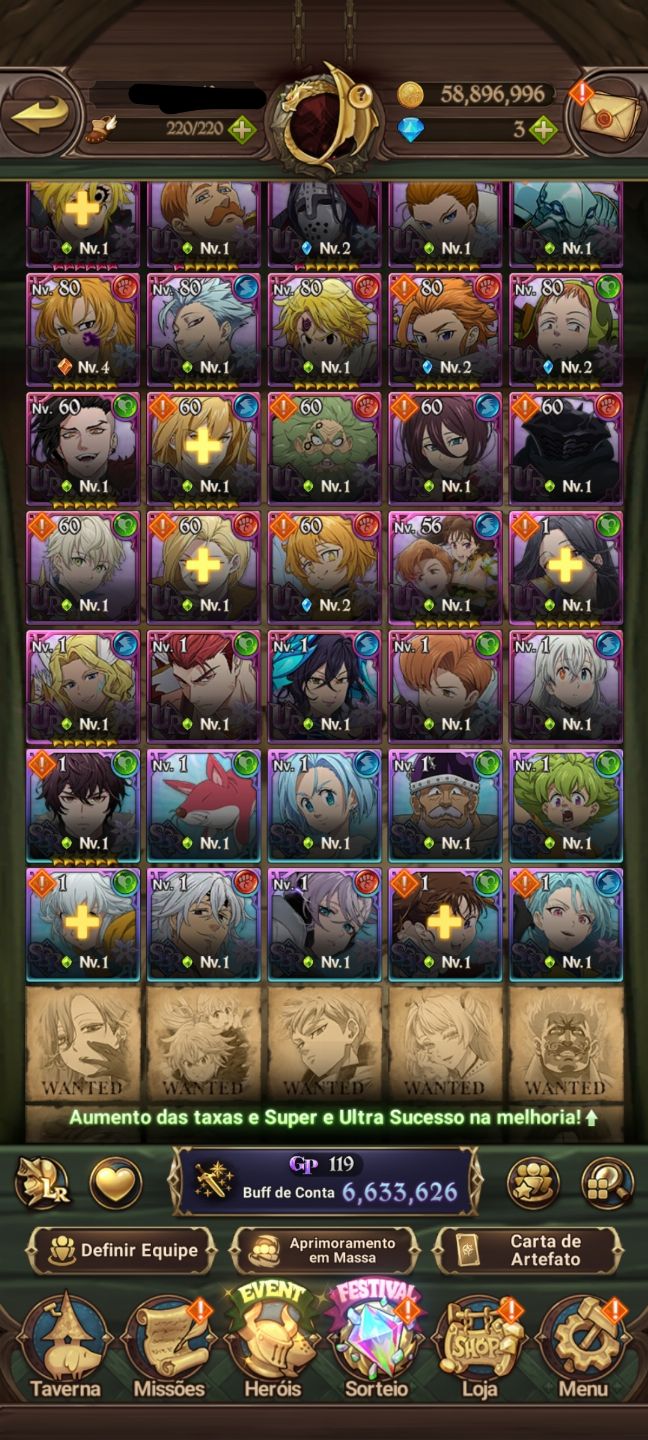 Conta 7ds grande cross 6.6M Meliodas nêmesis 2/6, escanor Merlin 2/6