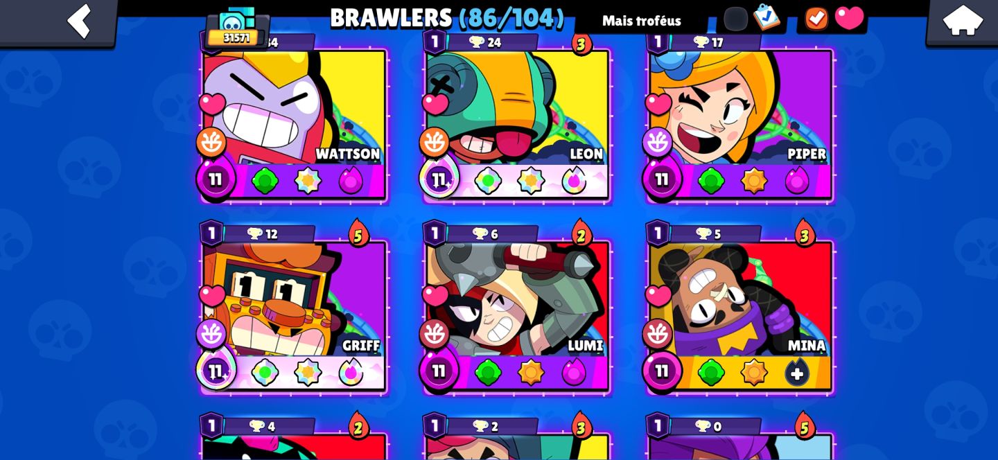 Conta de brawl stars full acesso 86 brawlers com 29 hypercargas e 15 prestigios