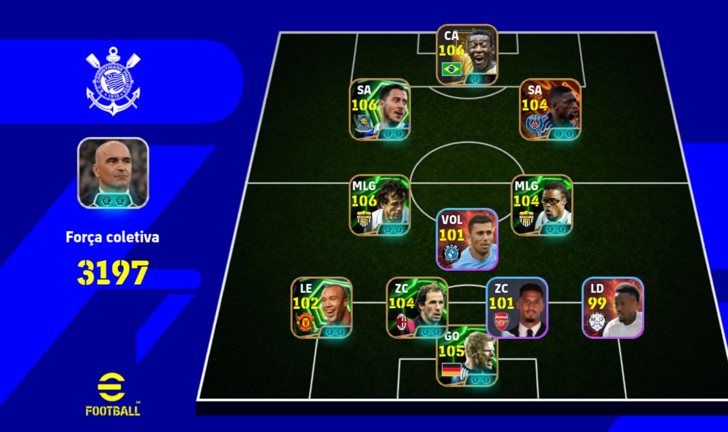 PELÉ 108, DEMBELÉ, HAZARD 106, PLATINI 106, PUSKÁS 106,CONTA DE EFOOTBALL MOBILE