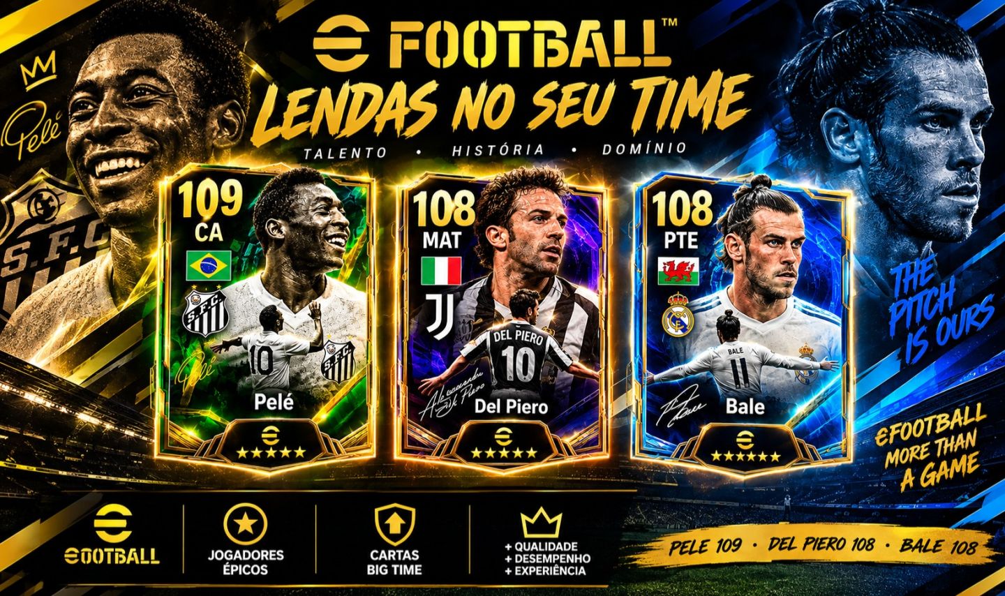 Conta de eFootball, 3260 de força. Del Pieiro 108 blitz, Pelé 109, Bale 108