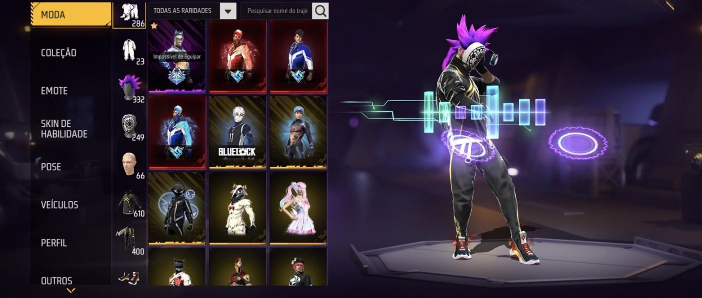 CONTA FREE FIRE NIV. 74 | 85 EMOTES | 286 CONJUNTOS | 41 PAREDES DE GEL