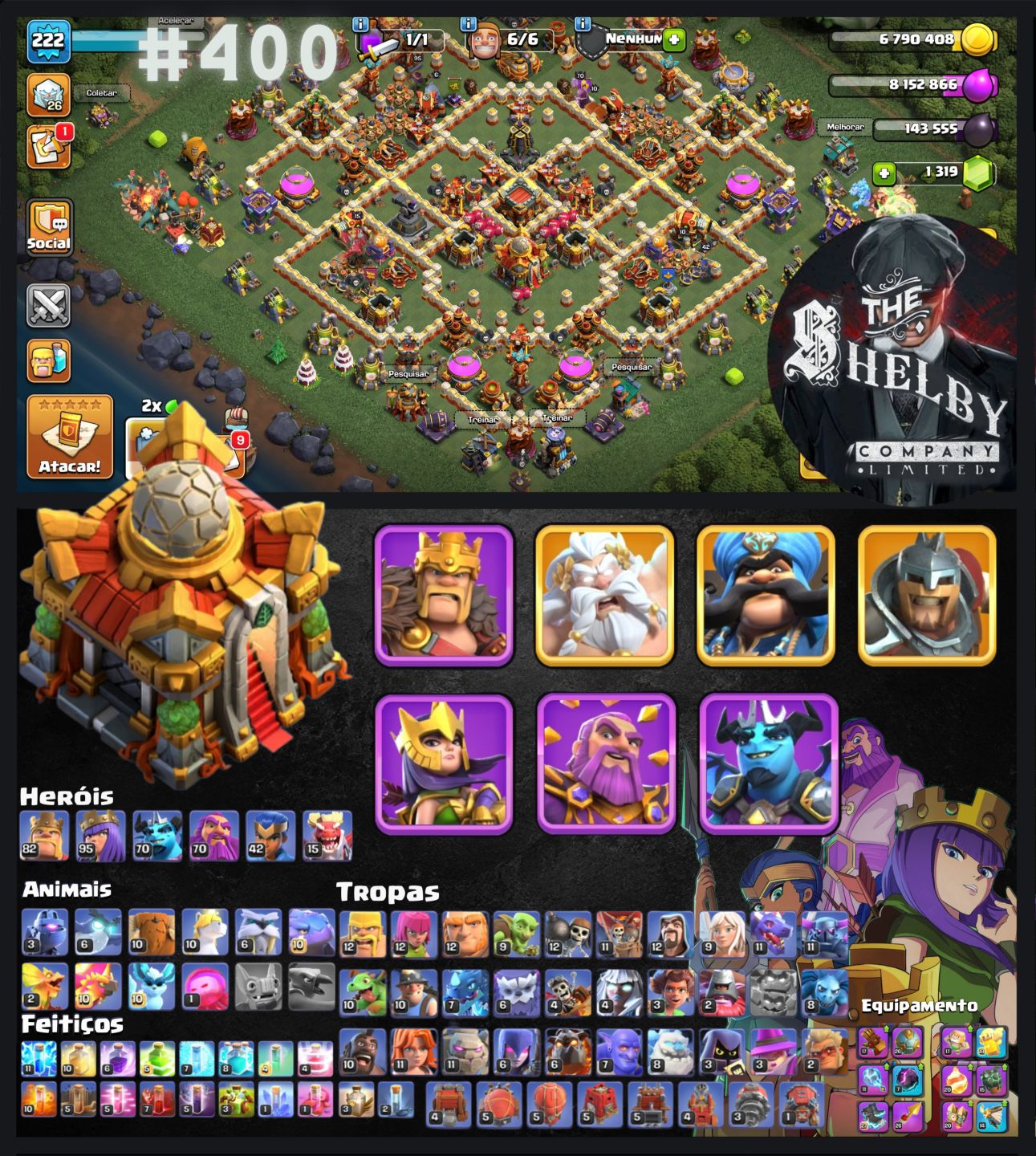 Contas de Clash of clans CV 13, 14, 15, 16, 17, 18 Com Várias Skins e Paisagens.