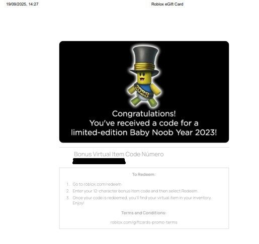 ROBLOX Limited Edition Baby Noob Year (JAN-2023) GIFT CARD - Raro!