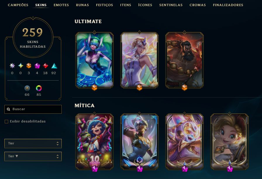 Conta de lol de 2015, 259 skins, 66 legadas e 3 ult, diversos itens de evento