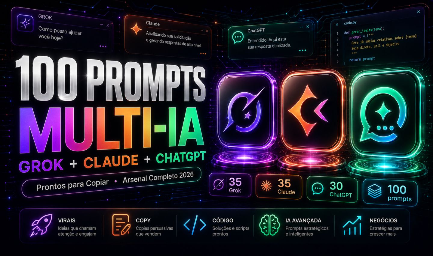 100 Prompts Multi-IA Grok Claude ChatGPT Prontos para Copiar