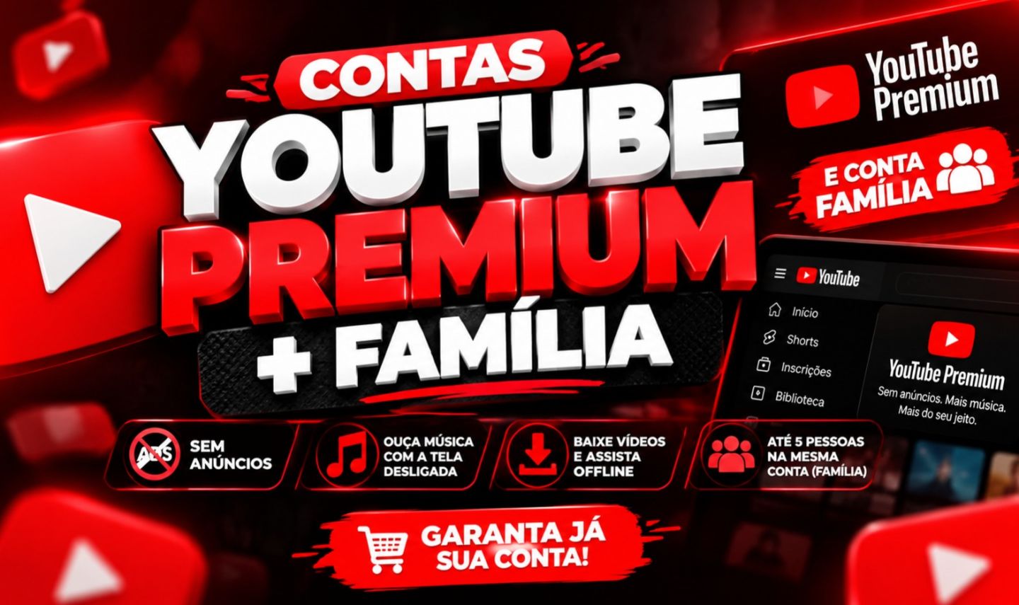 Contas Youtube Premium Familia ou No seu Email ( 1 Mês )