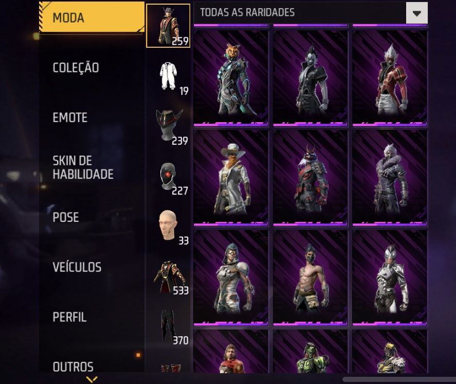 Conta Free Fira com skins de passes antigos