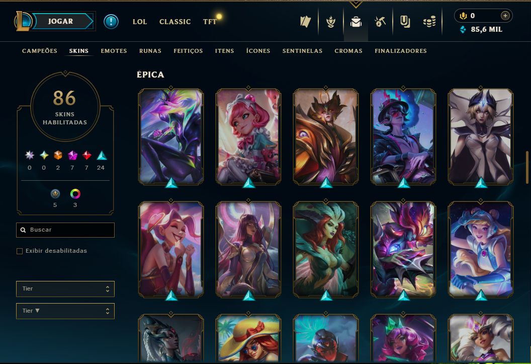 Conta de Lol com 45 skins, 2 ultimates, 7 míticas, 7 lendárias e varias épicas