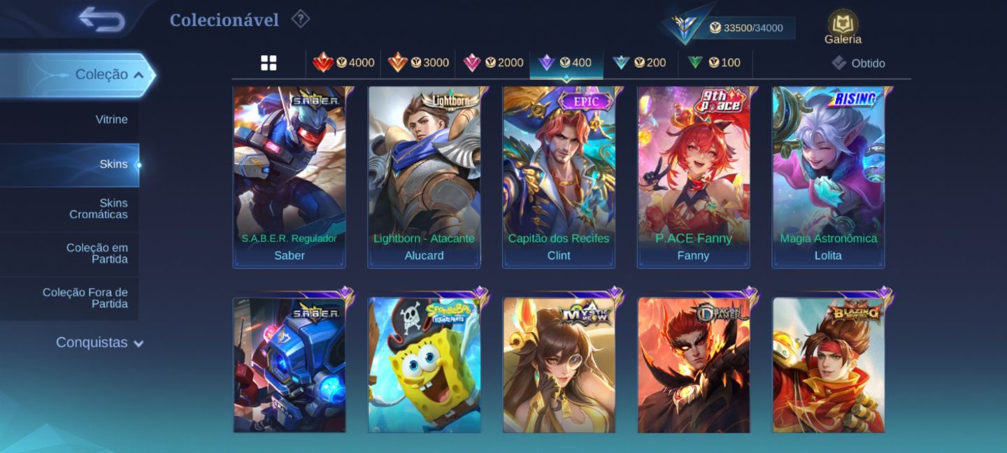 Conta mobile legends, skins de ventos e colab, quase 2k de diamante na conta