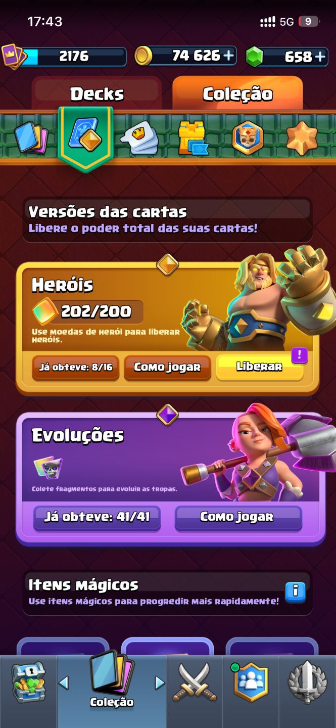 Conta de Clash Royale semi full, todas evo, 8 herois + 200 frag, 14mil trofeus