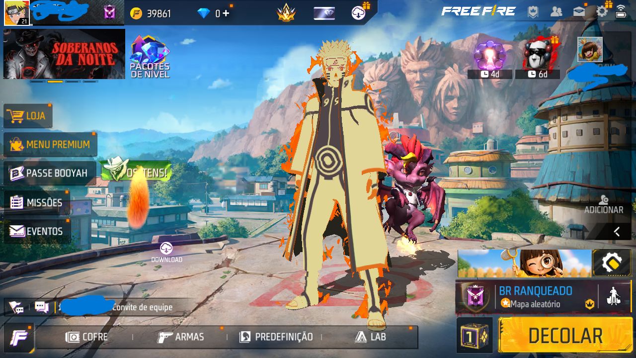 CONTA FREE FIRE DIAMANTE 4 MODO RANK COM SKIN NARUTO E TROCA DE NICK