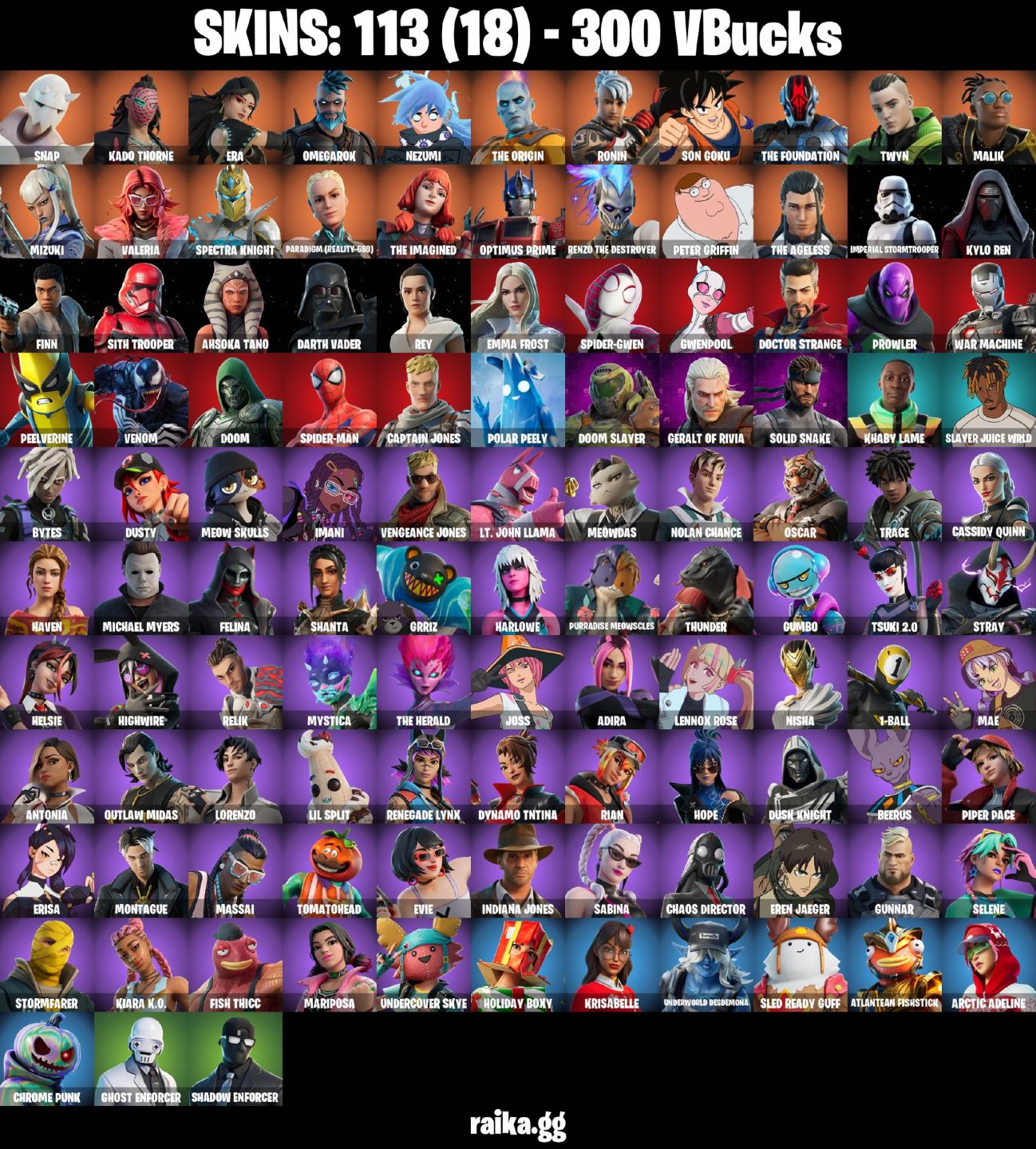 113 Skins - Emma Frost, Darth Vader, War Machine, Prowler, Doom, 300 vbucks