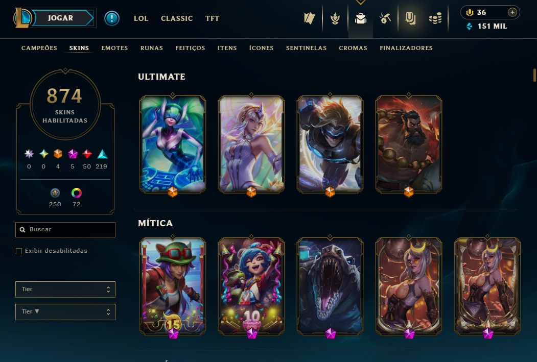 Conta Lol de 2014 / 874 Skins / Nivel 448 / 408 Icones