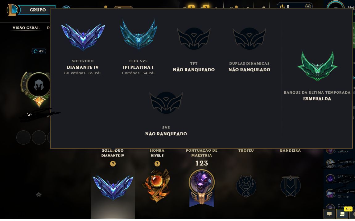 Conta Lol diamante 4 65 pdl, 82 champs, honra 5, bom mmr