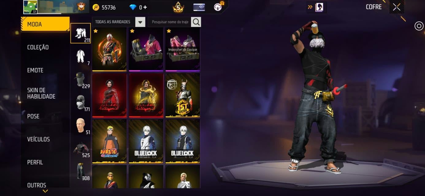 Conta free fire com as melhores roupas do jogo