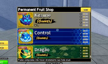 CONTA COM DRAGON, CONTROL, KITSUNE E + 15 FRUTAS PERMANENTE. CONTÉM SKINS
