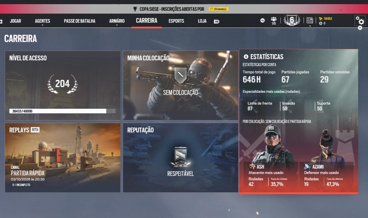 CONTA DE R6 COM MAIS DE 640 HORAS DE JOGO DIVERSAS SKINS E AGENTES, NÍVEL 204