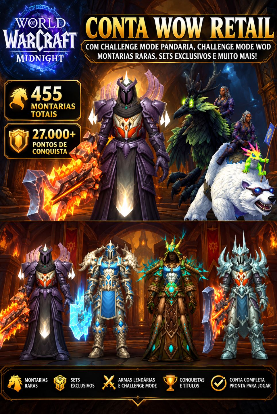 Conta WoW Retail com Challenge mod pandaria, Challenge mod WoD, Mounts raras
