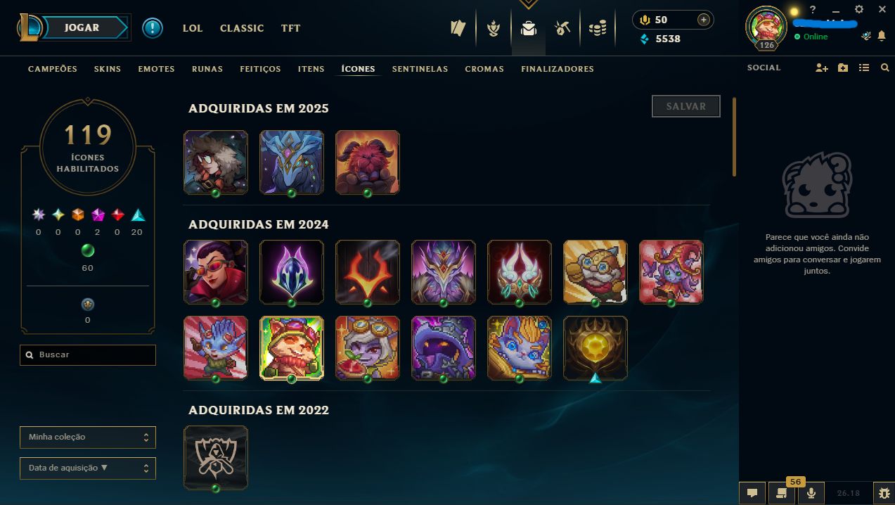 CONTA LOL LVL 126 | 81 SKINS | 119 ÍCONES