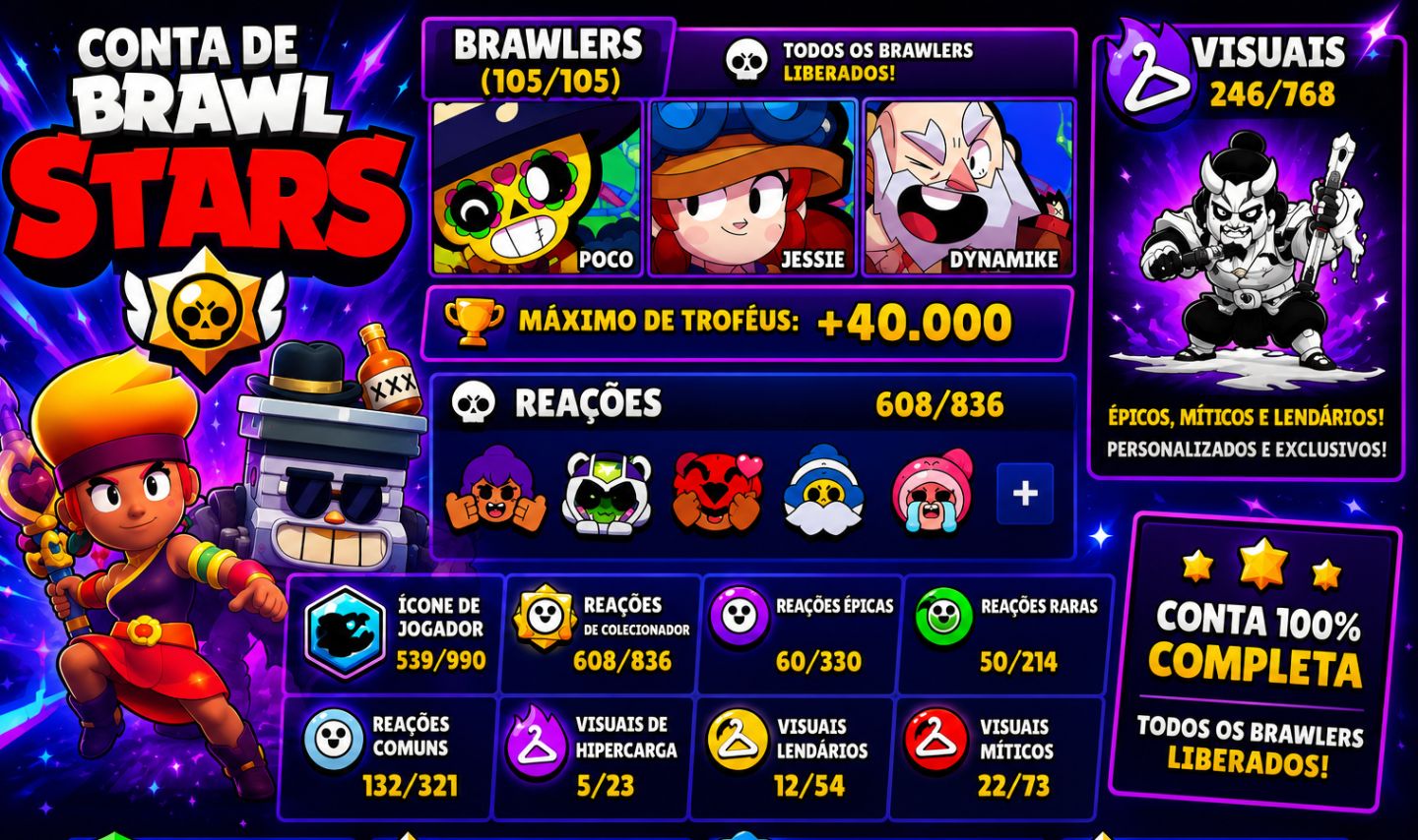 CONTA DE BRAWL STARS 100% completa, muitas skins e troféus