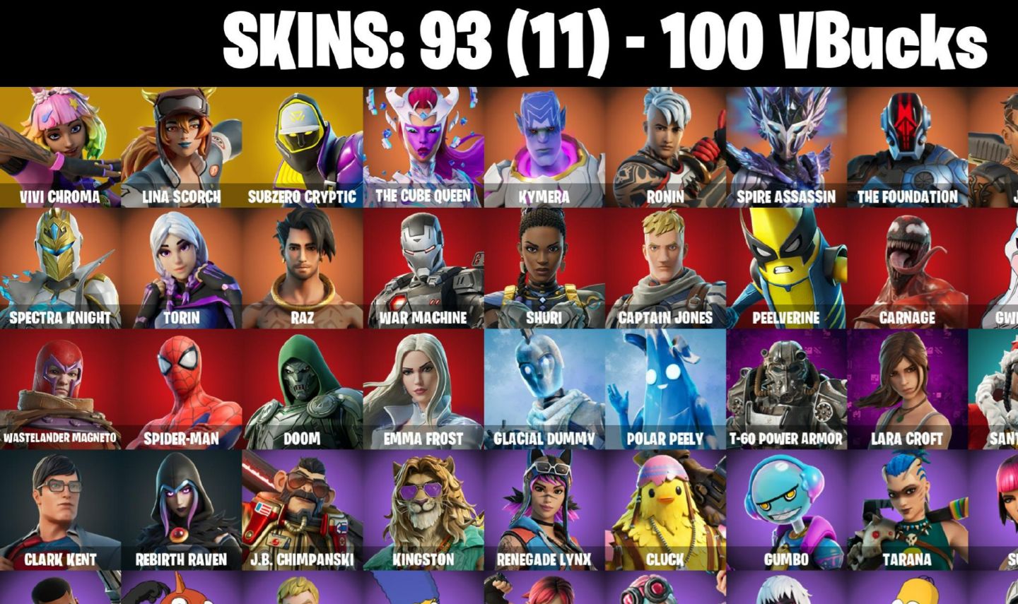 93 Skins - vivi chroma, lina scorch, subzero cryptic, candy axe, 100 vbucks