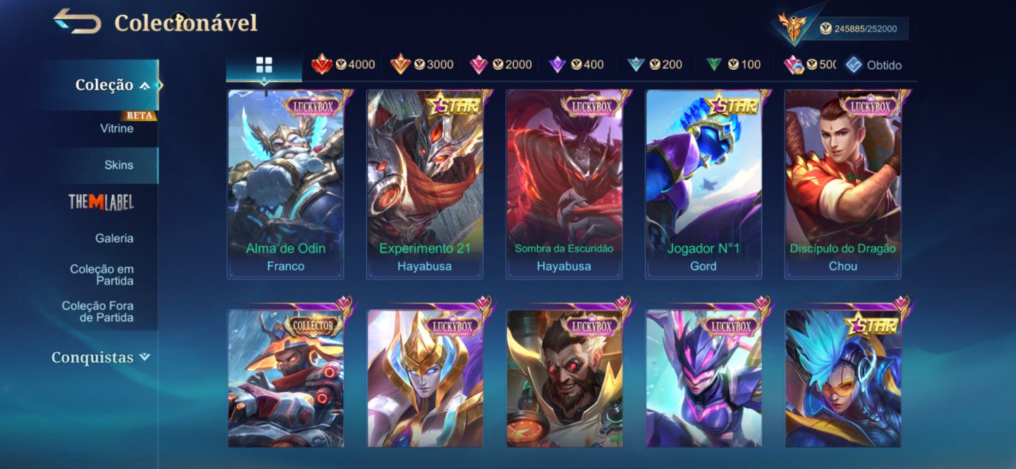 ML - MEGA 2 QUASE 1 - QUASE OUTRA LEGEND - MUITAS SKINS RARISSIMA