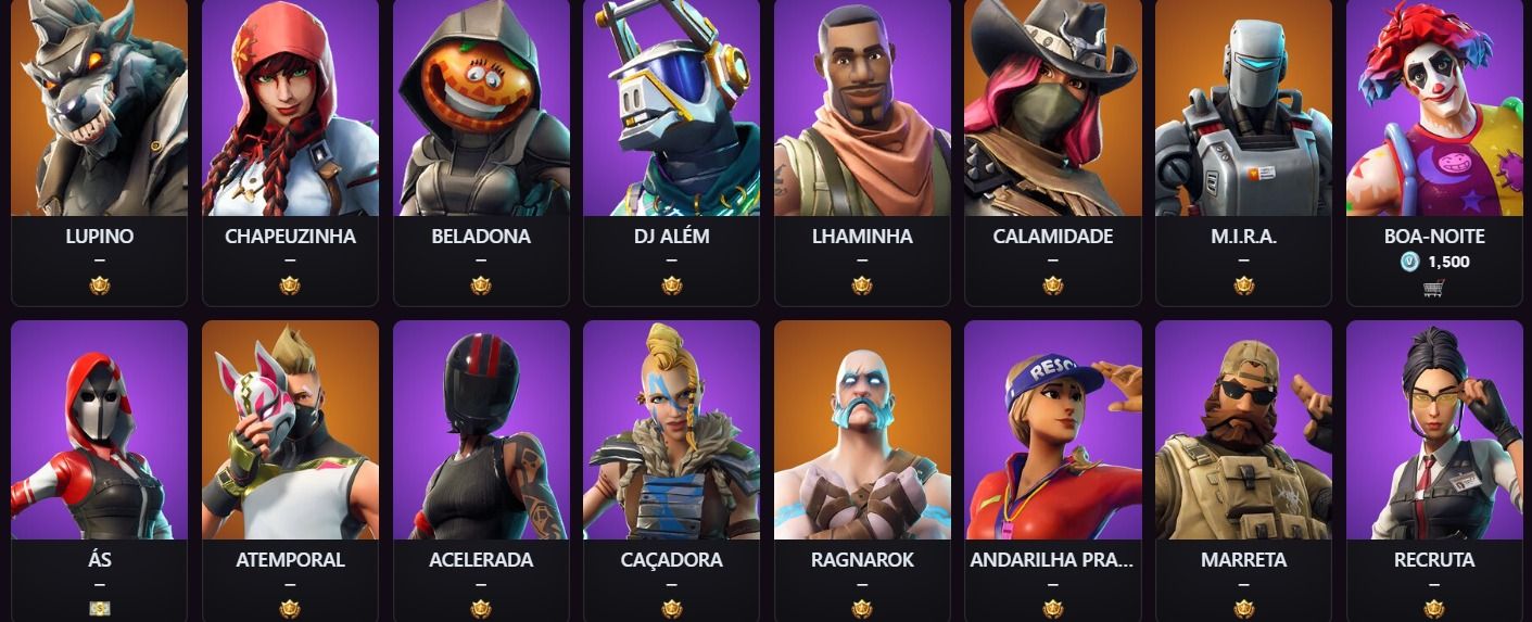 Conta Fortnite com algumas skins do primeiro passe de batalha