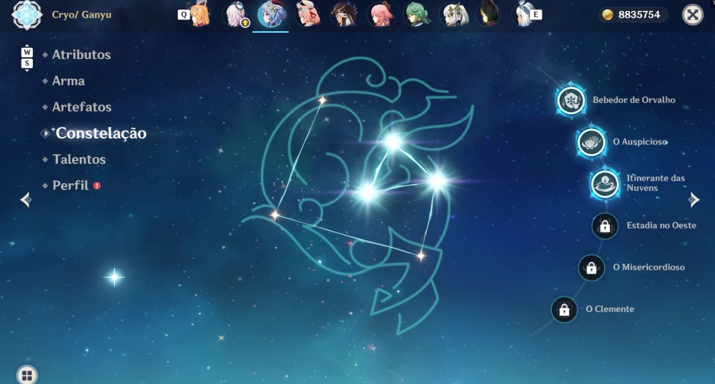 Dehya C6 lv95, Yae Miku C5, Diluc C5, Ganyu C3 37 Resinas Frágil. Ganyu com skin